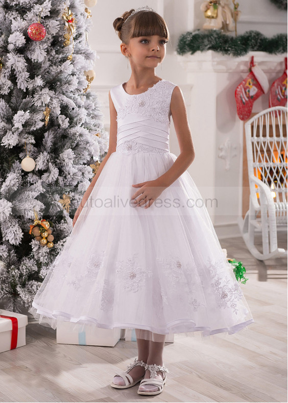 White Beaded Lace Tulle Tea Length Flower Girl Dress Casual Dress